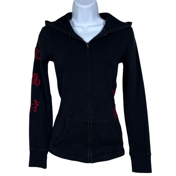 Lucky Brand Tops - Vtg Lucky Brand Embroidered Roses Full Zip Hoodie Sz S Slim Fit Black Stretch